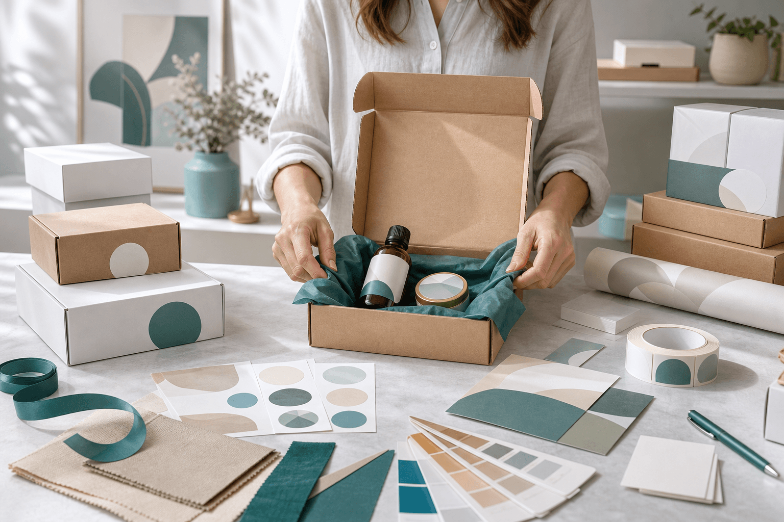 Custom ecommerce packaging, labels, color swatches, and product inserts