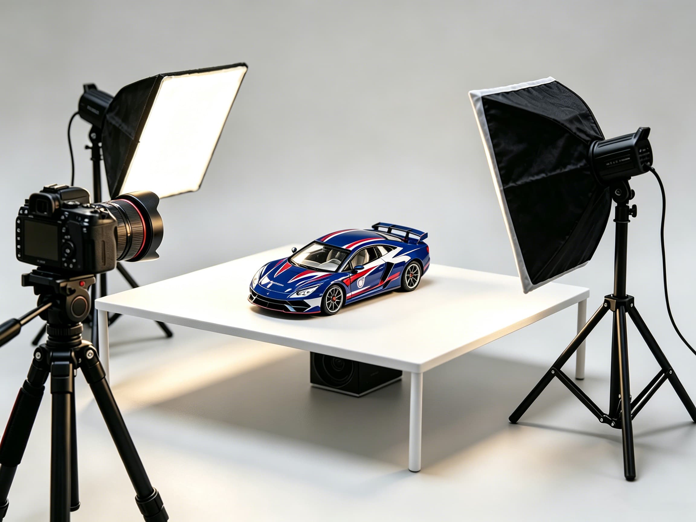 Product photo studio setup with camera and softbox lights