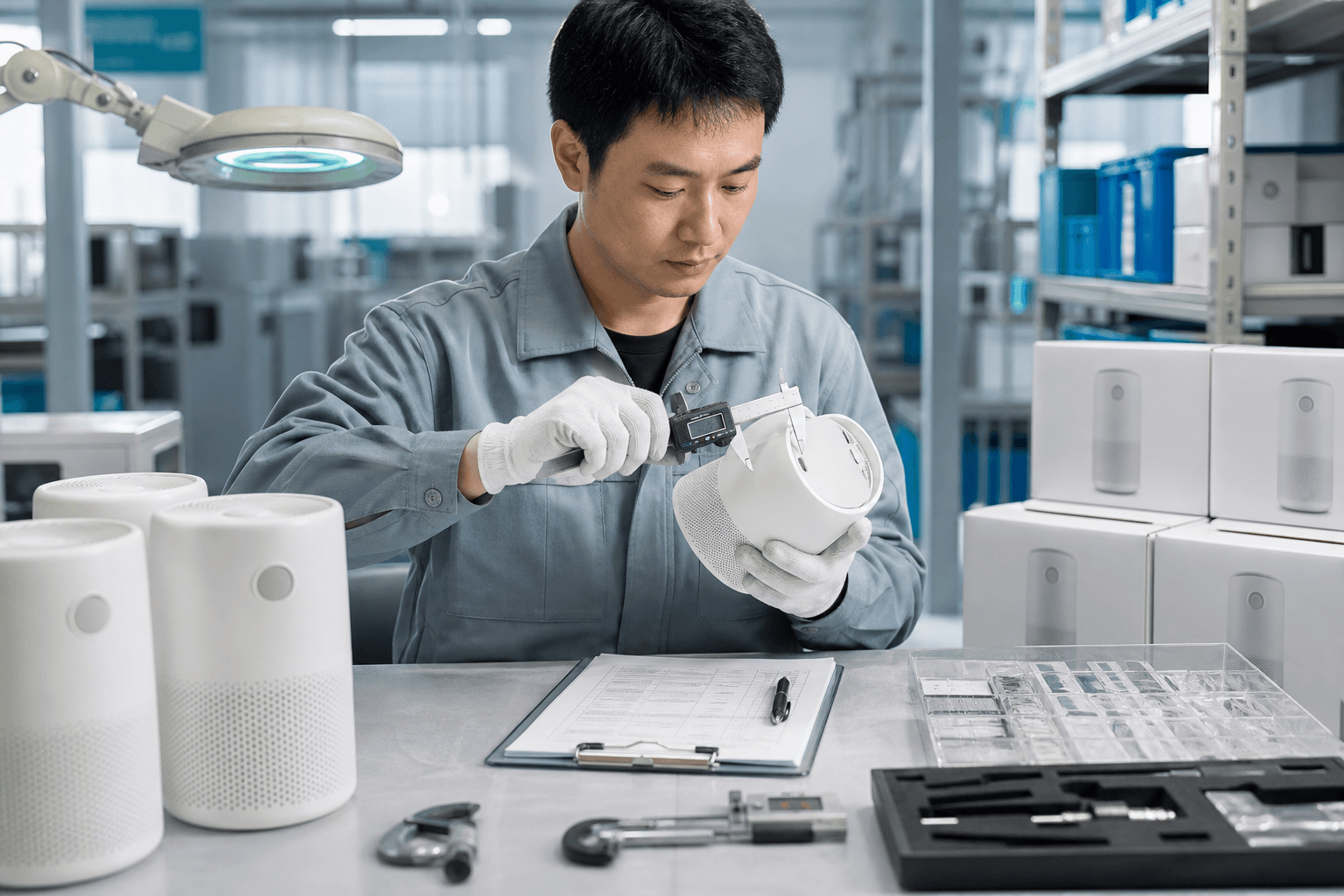 Quality inspector measuring a consumer product at a clean inspection station