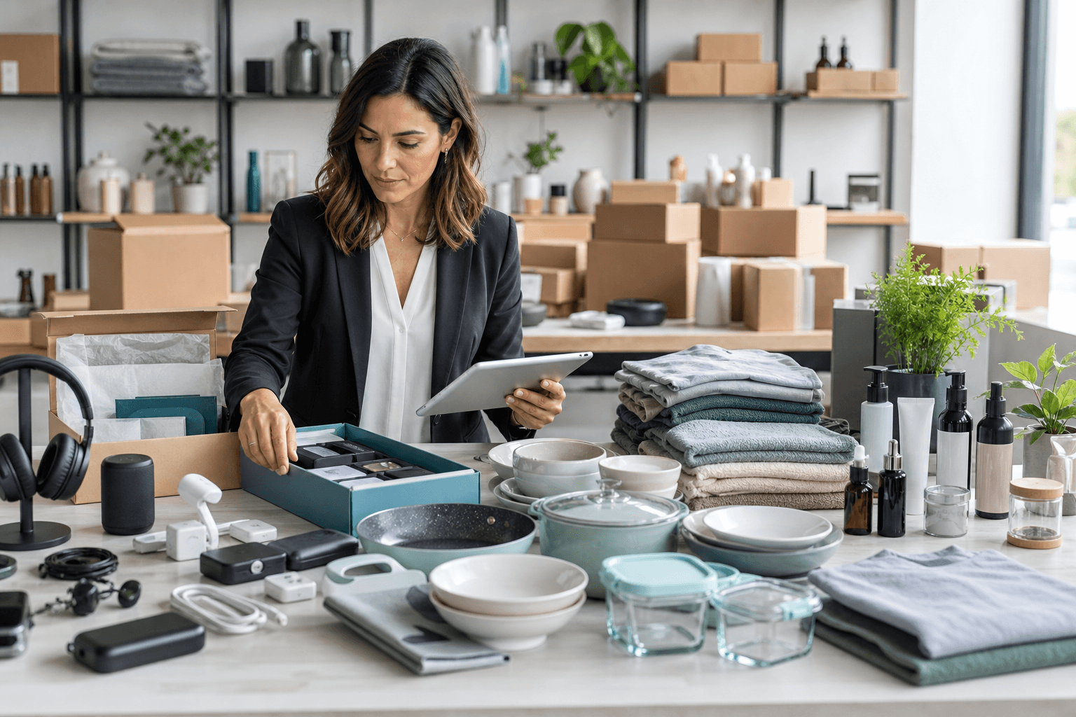 Sourcing specialist reviewing a broad selection of consumer product samples